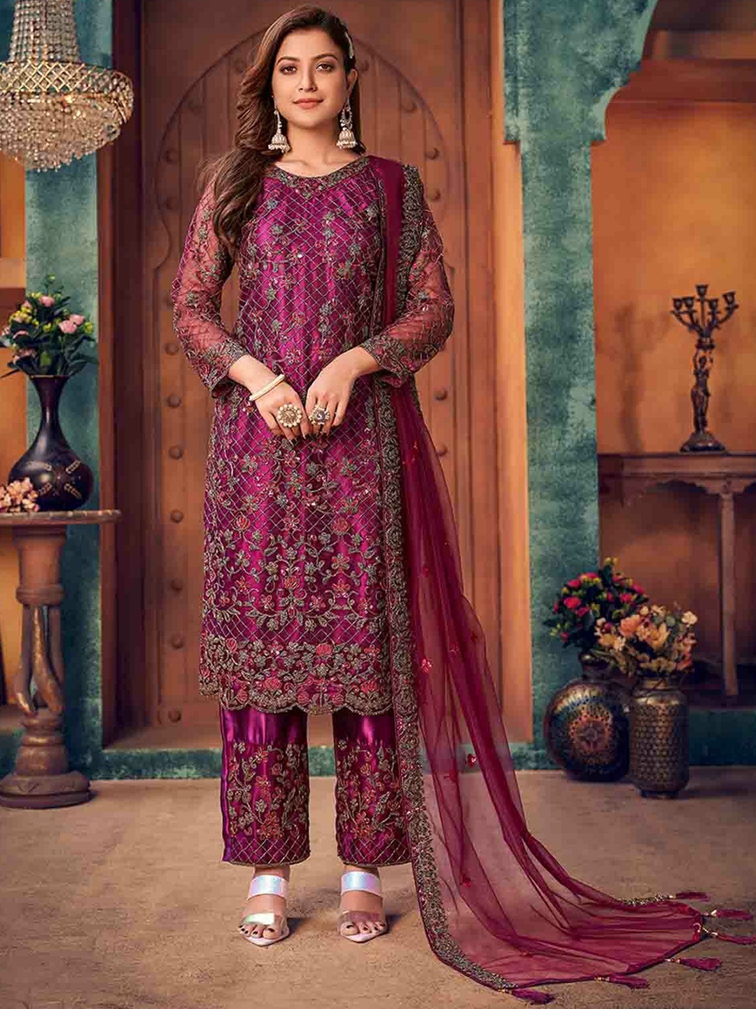 

ODETTE Floral Embroidered Straight Semi Stitched Kurta With Trousers Dupatta, Violet