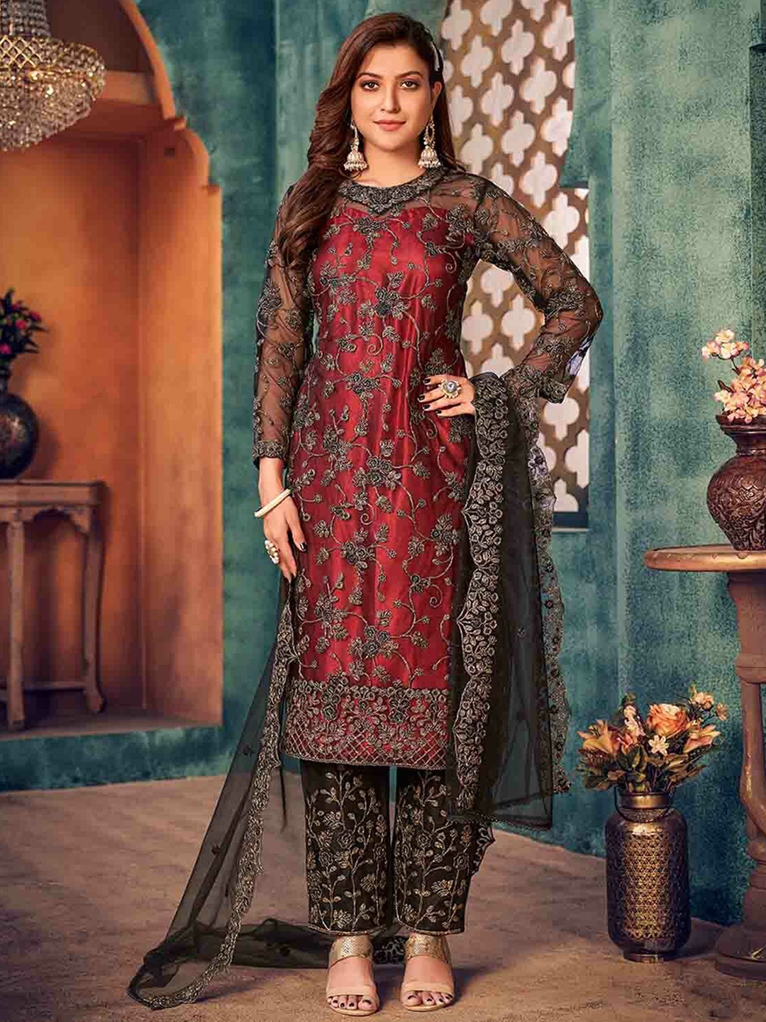 

ODETTE Floral Embroidered Straight Semi Stitched Kurta With Trousers Dupatta, Maroon