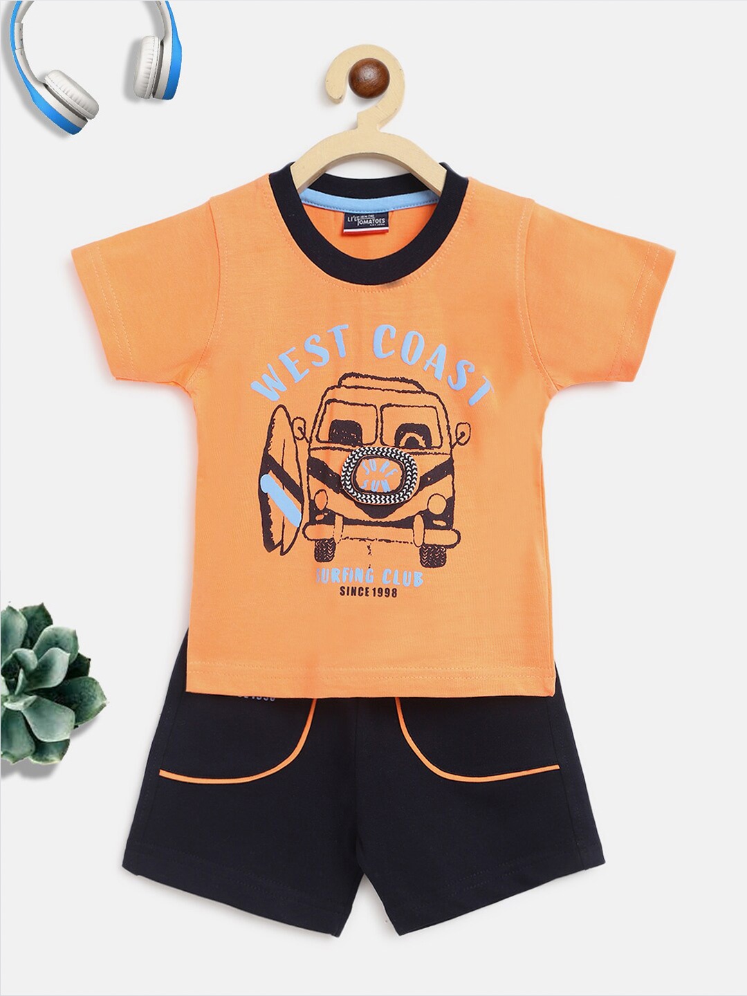 

Lil Tomatoes Infant Boys Printed Round Neck T-shirt With Shorts, Orange