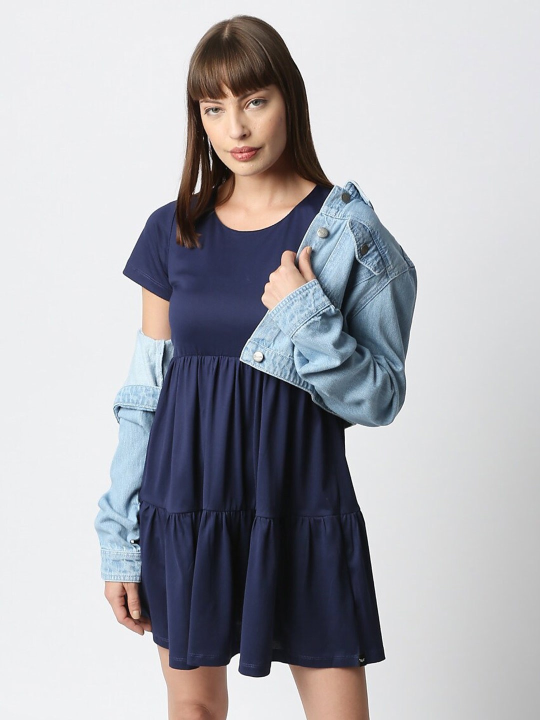 

VALEN CLUB Round Neck Tiered Pure Cotton Fit & Flare Mini Dress, Navy blue