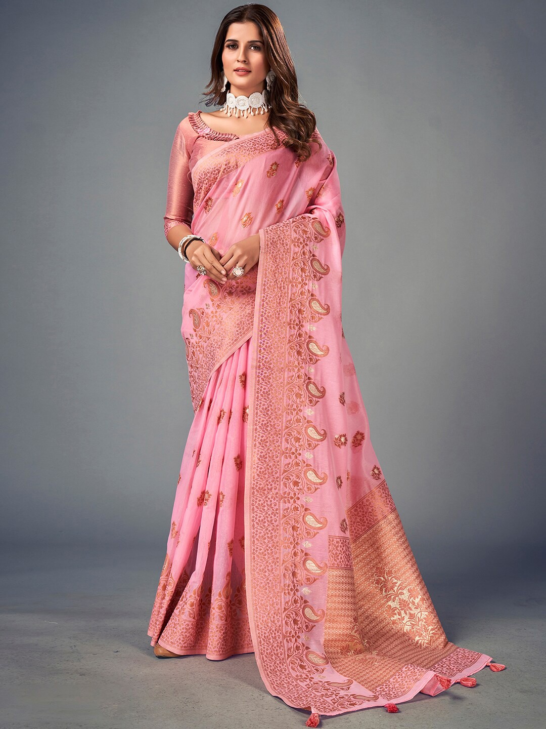 

Satrani Ethnic Motifs Woven Design Zari Banarasi Saree, Pink