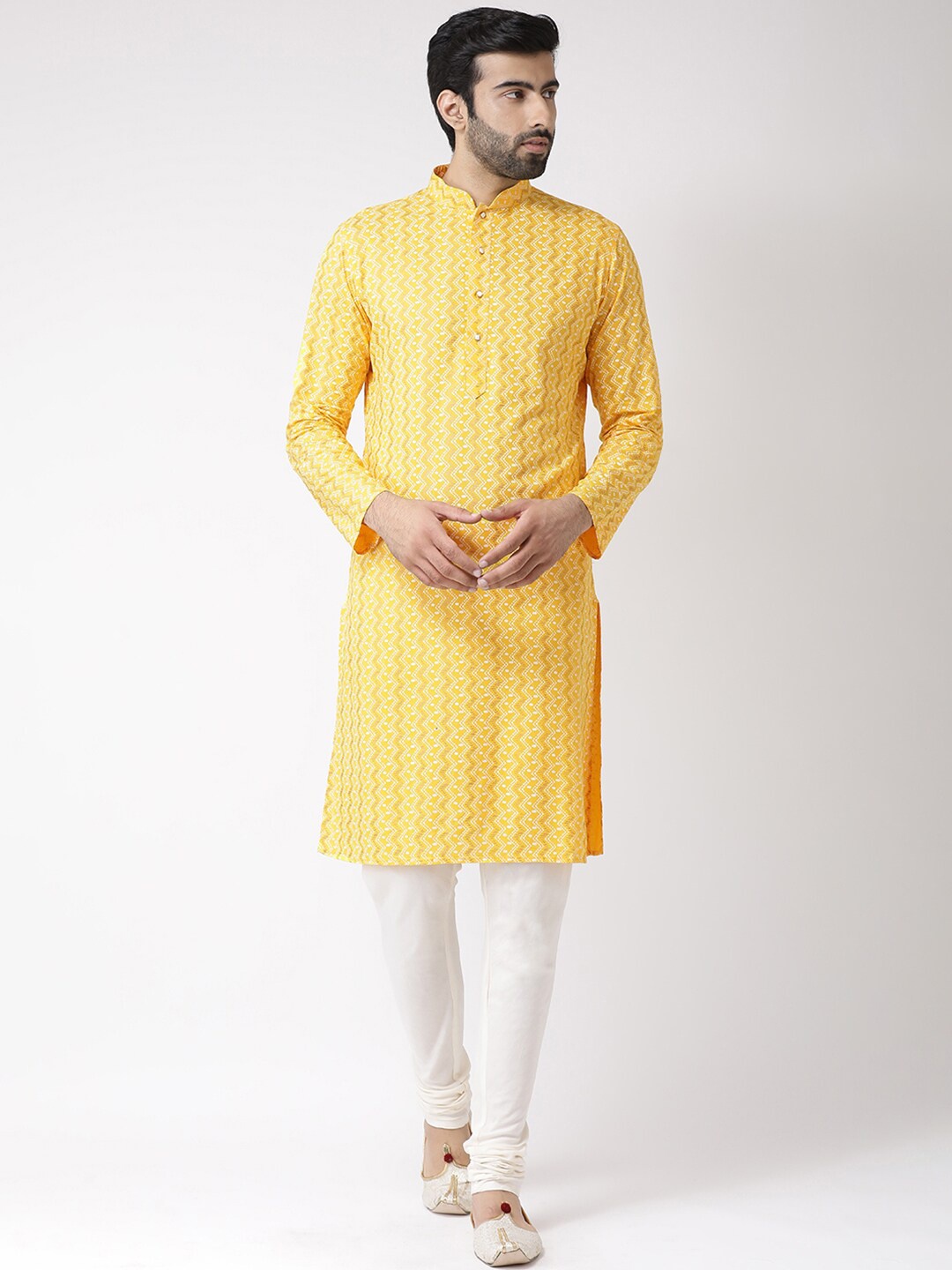 

KISAH Chevron Printed Mandarin Collar Kurta with Churidar, Yellow