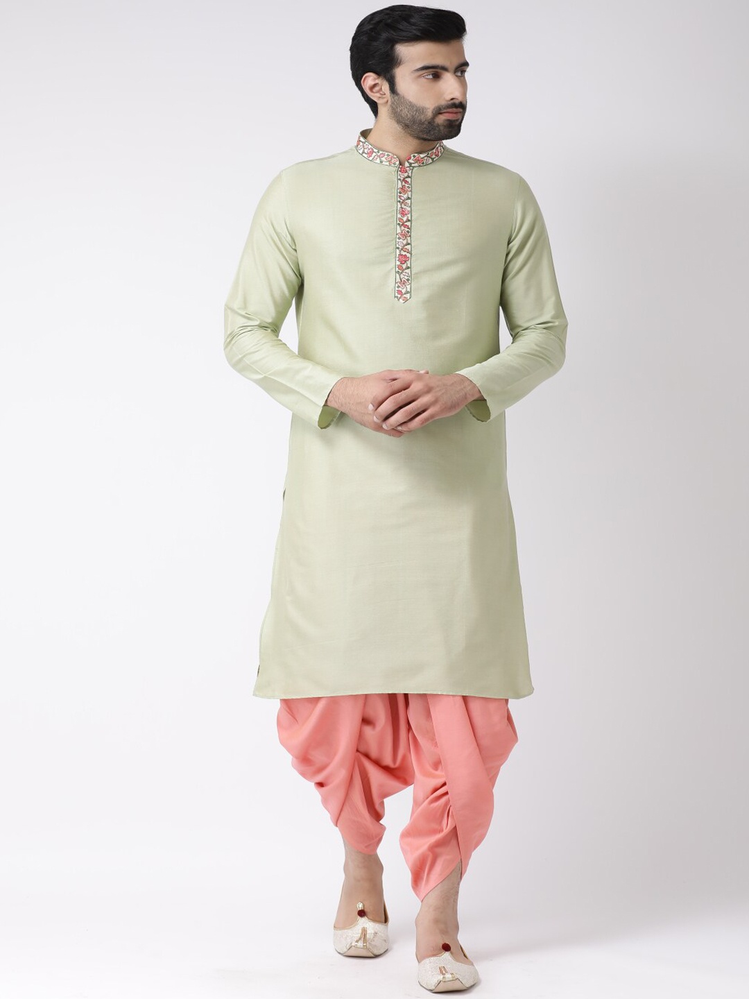 

KISAH Men Solid Regular Fit Thread Work Kurta Dhoti Set, Green