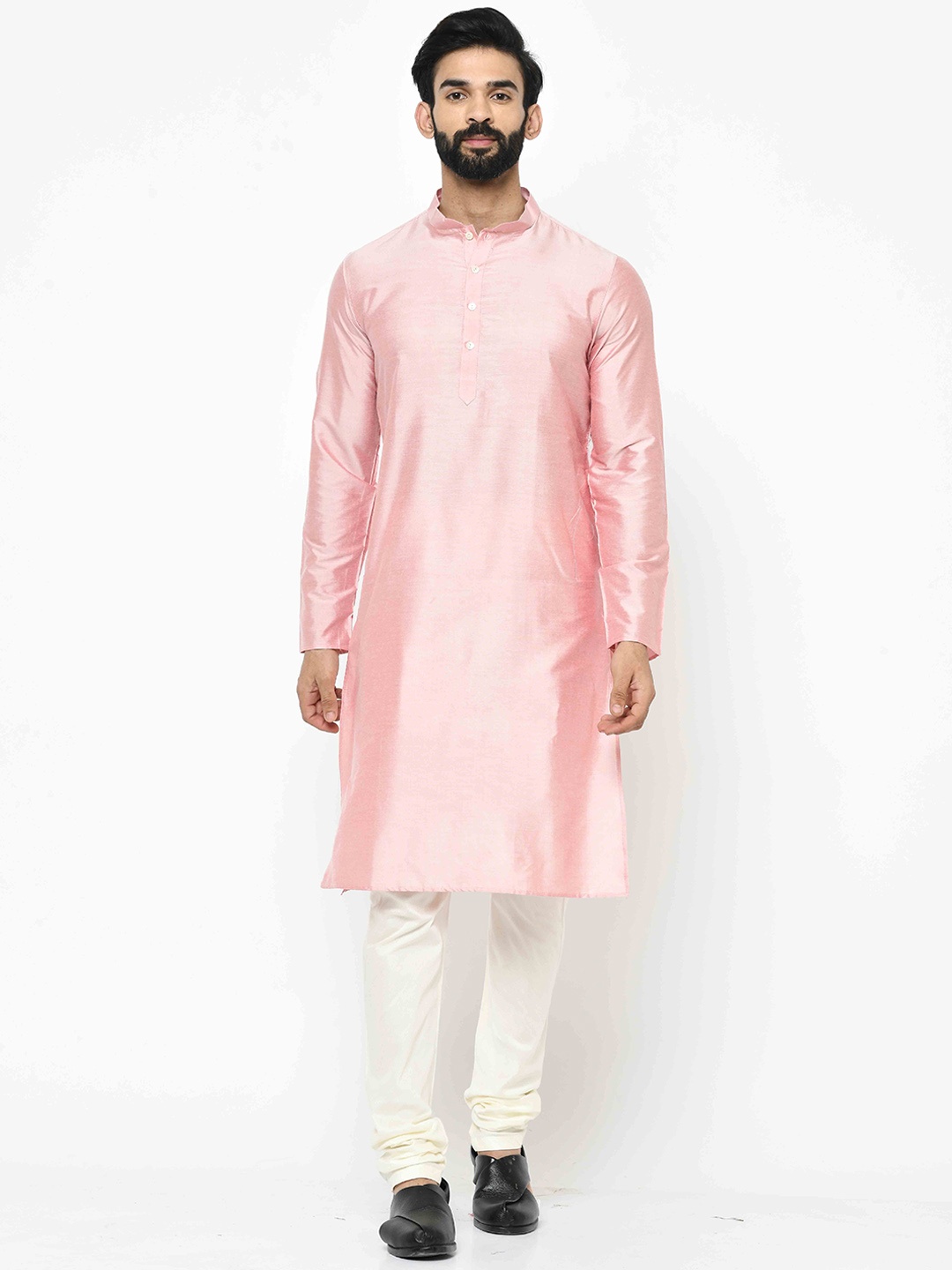 

KISAH Men Mandarin Collar Kurta with Churidar, Pink