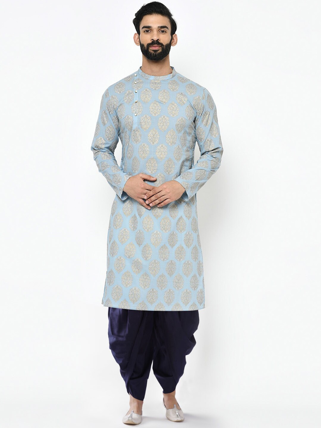 

KISAH Men Printed Regular Fit Ethnic Motifs Kurta Dhoti Set, Blue