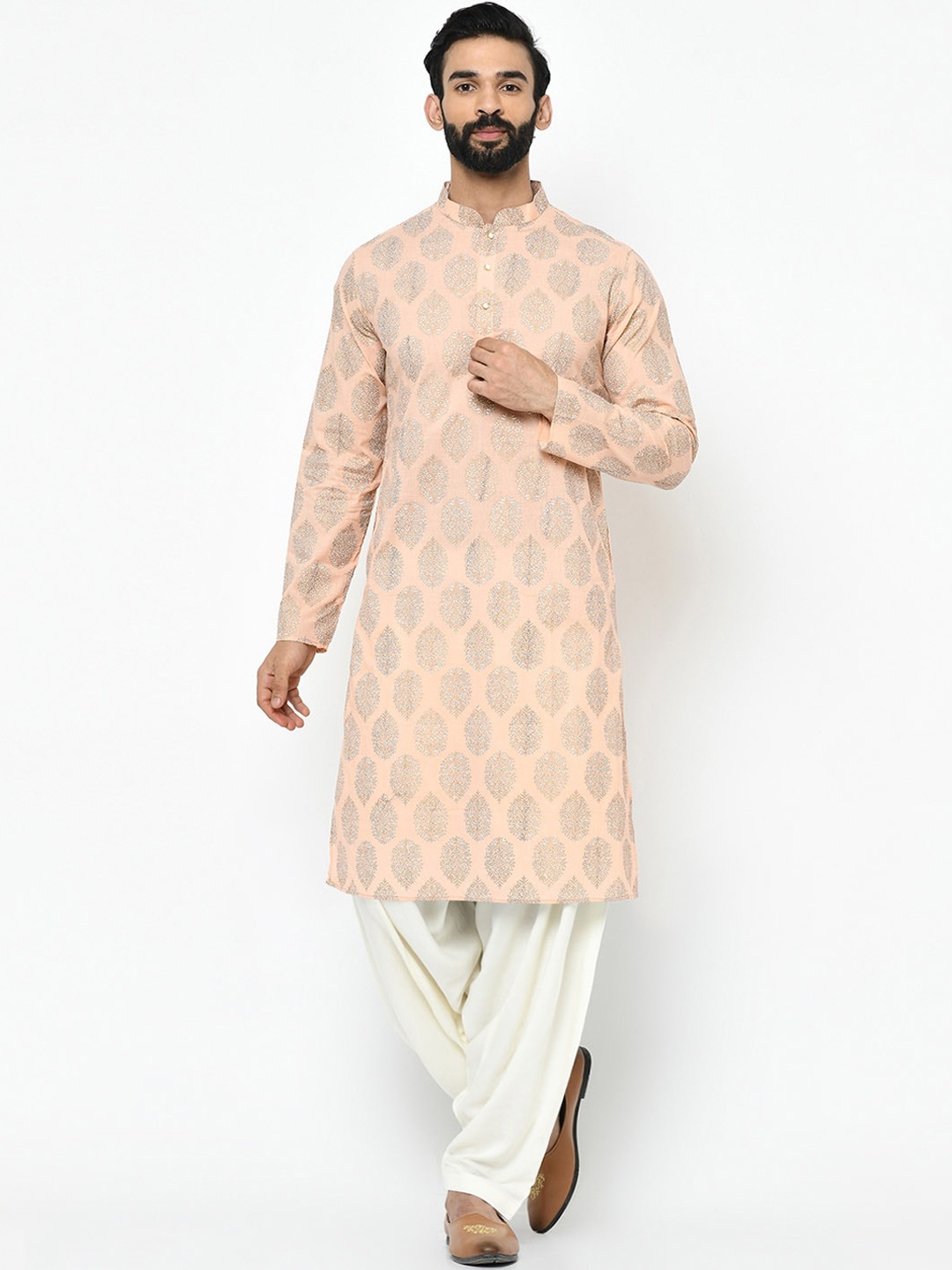 

KISAH Men Printed Regular Fit Ethnic Motifs Kurta Patiyala Set, Peach