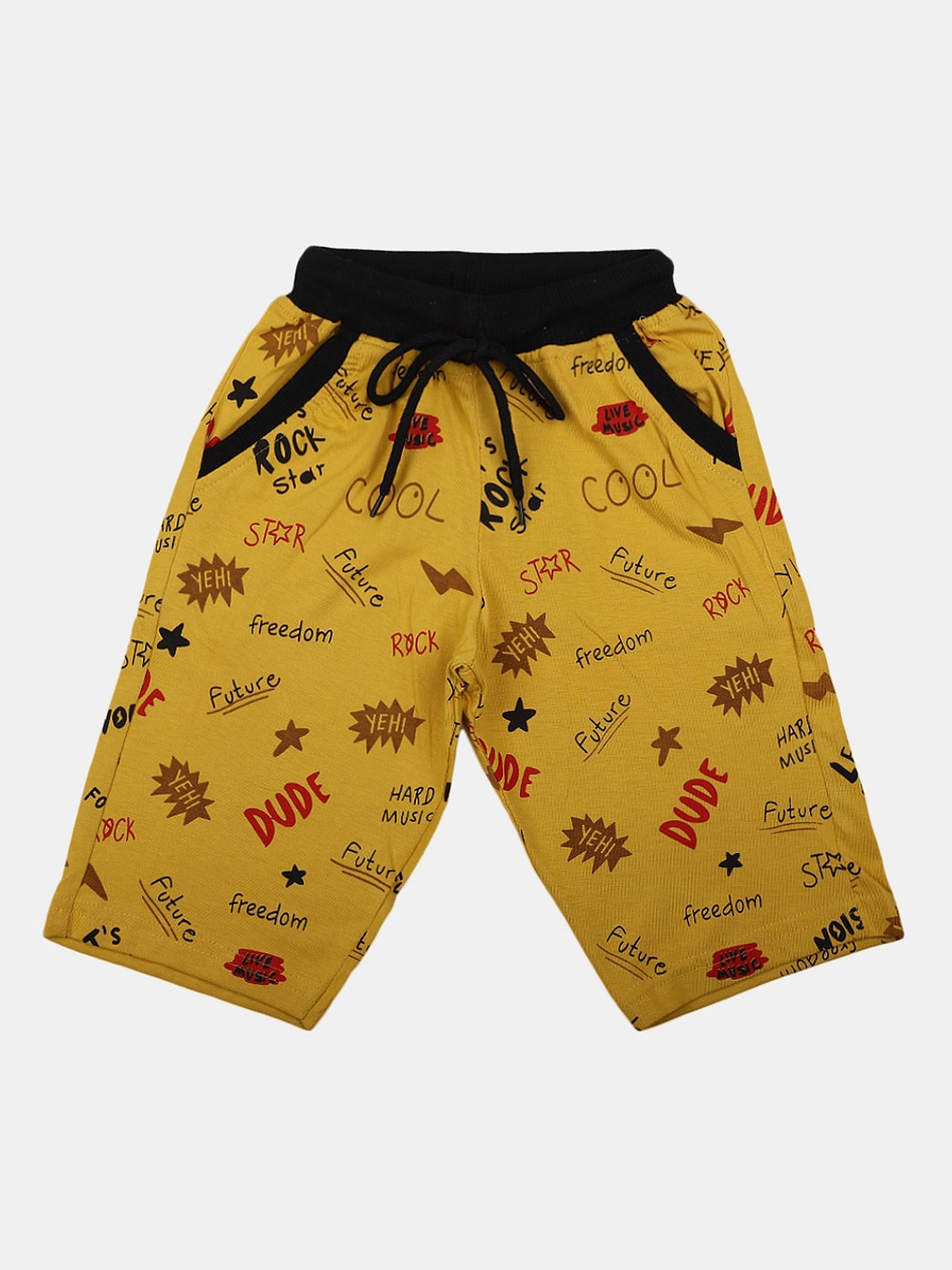 

V-Mart Boys Typography Printed Mid Rise Cotton Shorts, Mustard