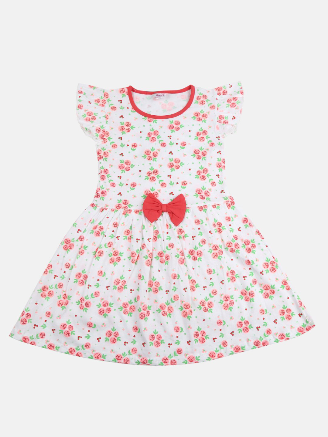 

V-Mart Girls Floral Printed Flutter Sleeves Cotton Fit & Flare Dress, White