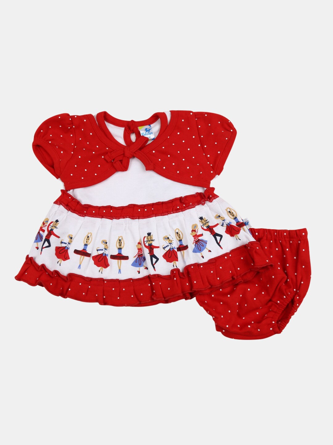 

V-Mart Infant Girls Tie Up Neck Polka Dot Printed Cotton Fit & Flare Dress With Brief, Red
