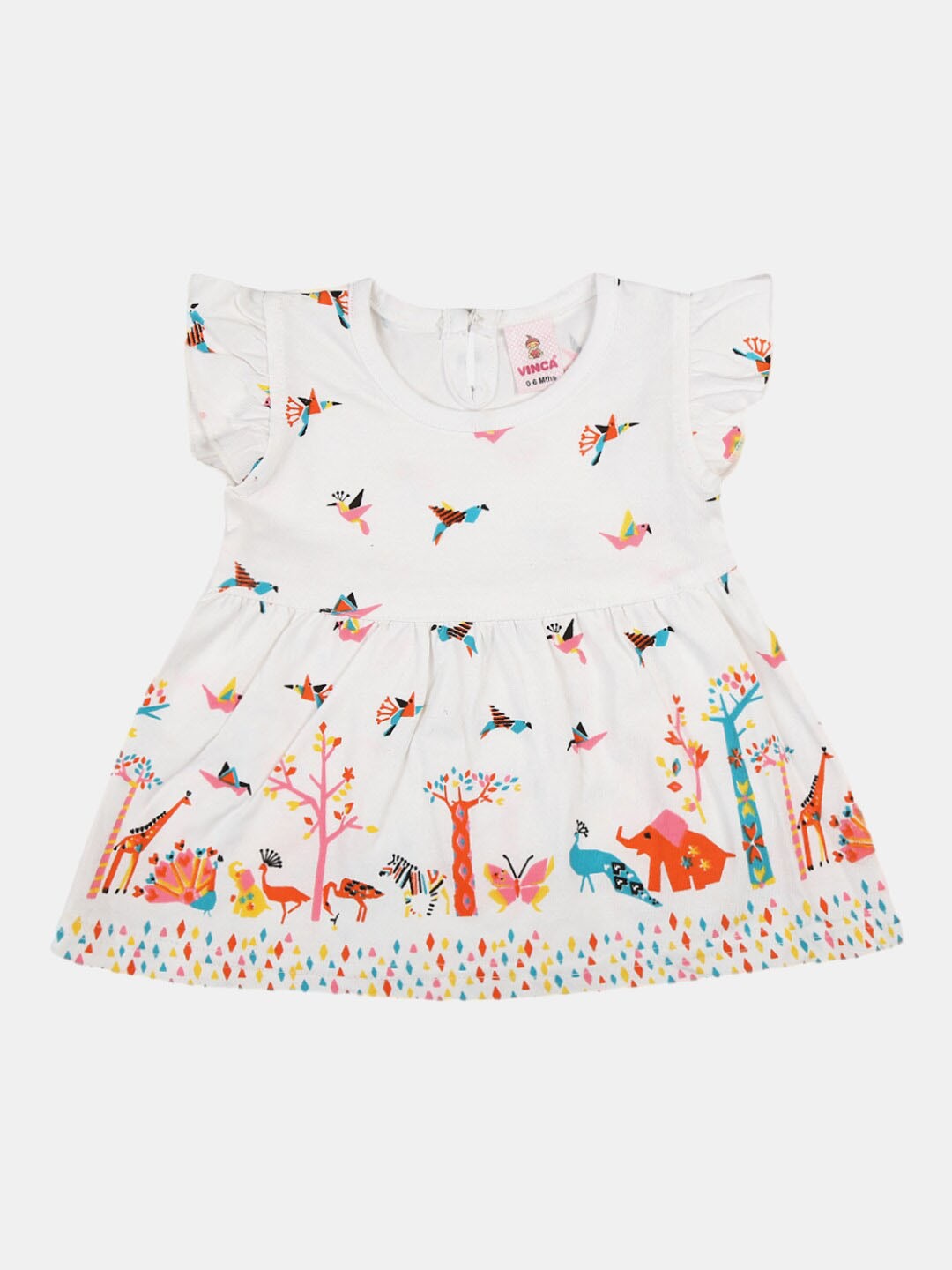 

V-Mart Infant Girls Round Neck Conversational Printed Cotton Fit & Flare Dress, White