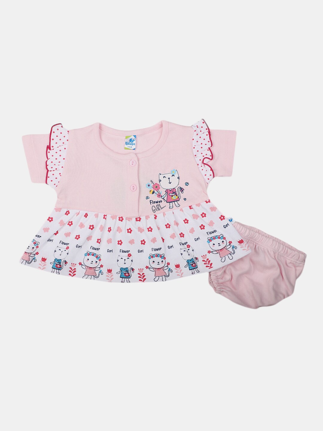 

V-Mart Infant Girls Round Neck Graphic Printed Cotton A-Line Dress With Brief, Pink
