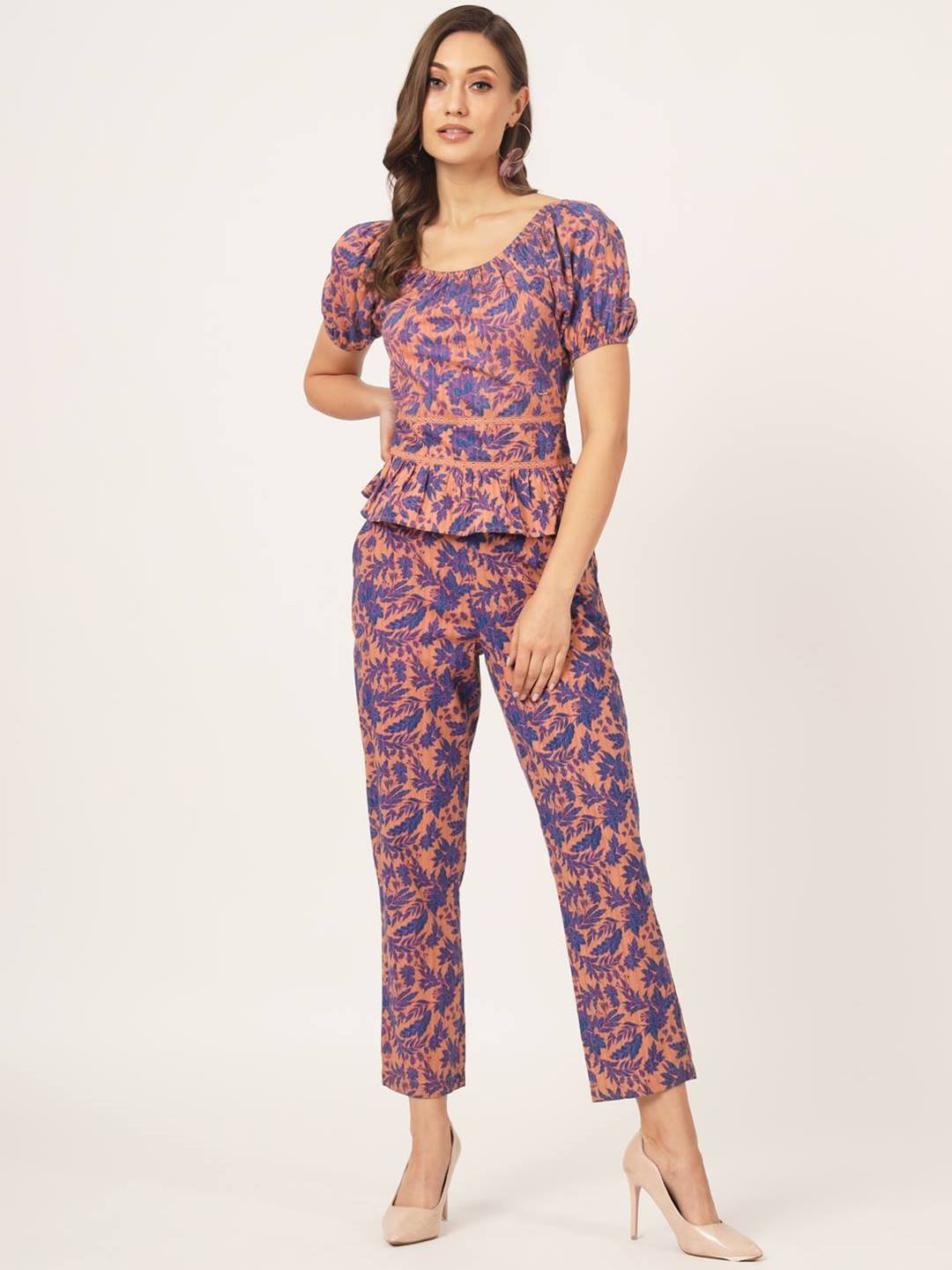 Beatnik Floral Printed Top & Trouser Co-Ords, Peach