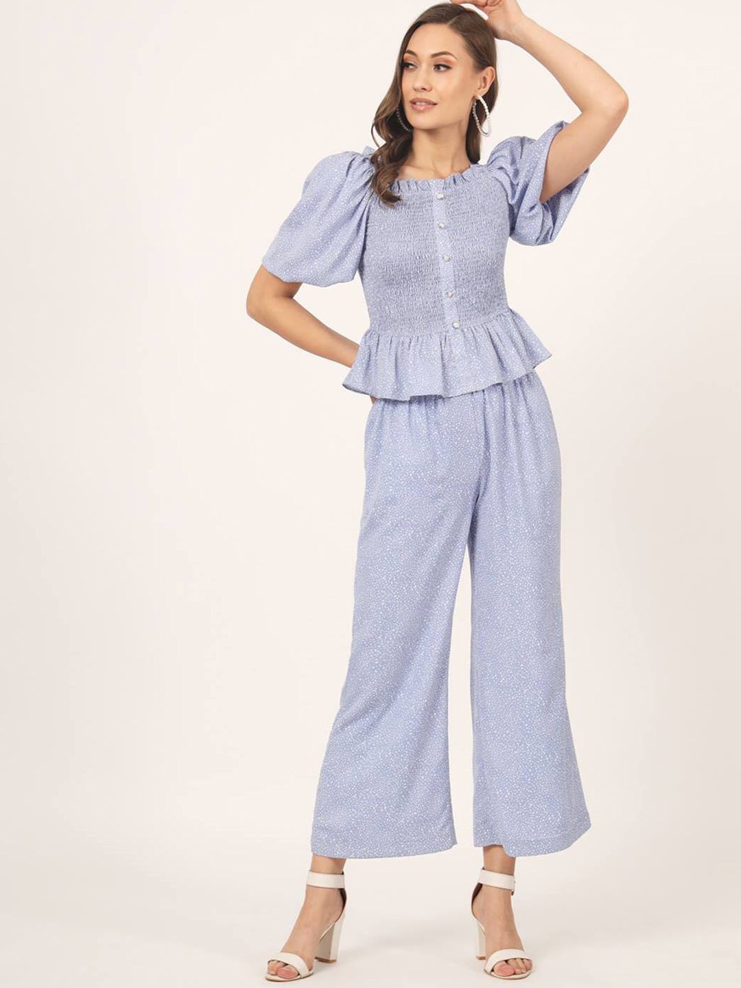 

Beatnik Printed Smocked Top With Palazzo Co-Ord Set, Blue