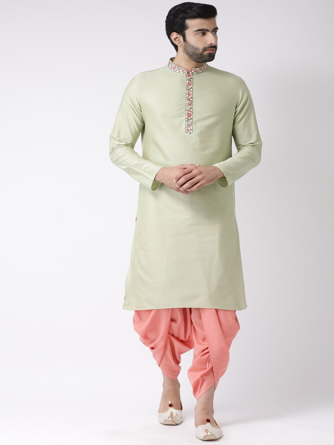 

KISAH Men Solid Regular Fit Thread Work Kurta Dhoti Set, Green