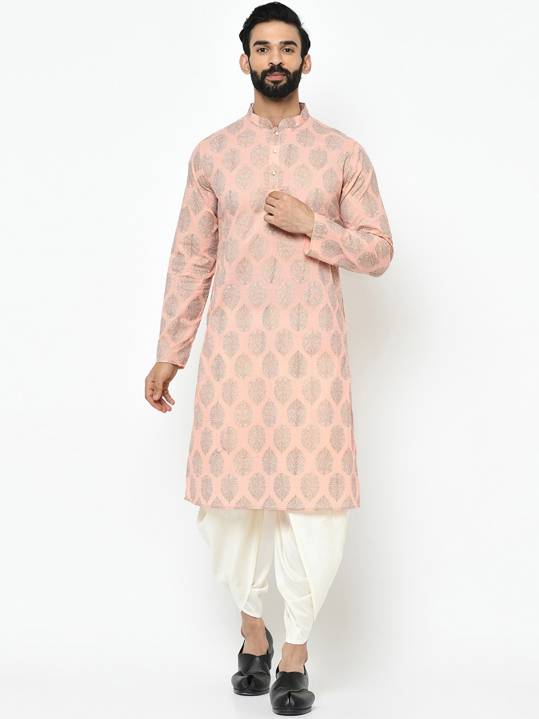 

KISAH Mandarin Collar Straight Floral Printed Kurta with Dhoti Pants, Peach