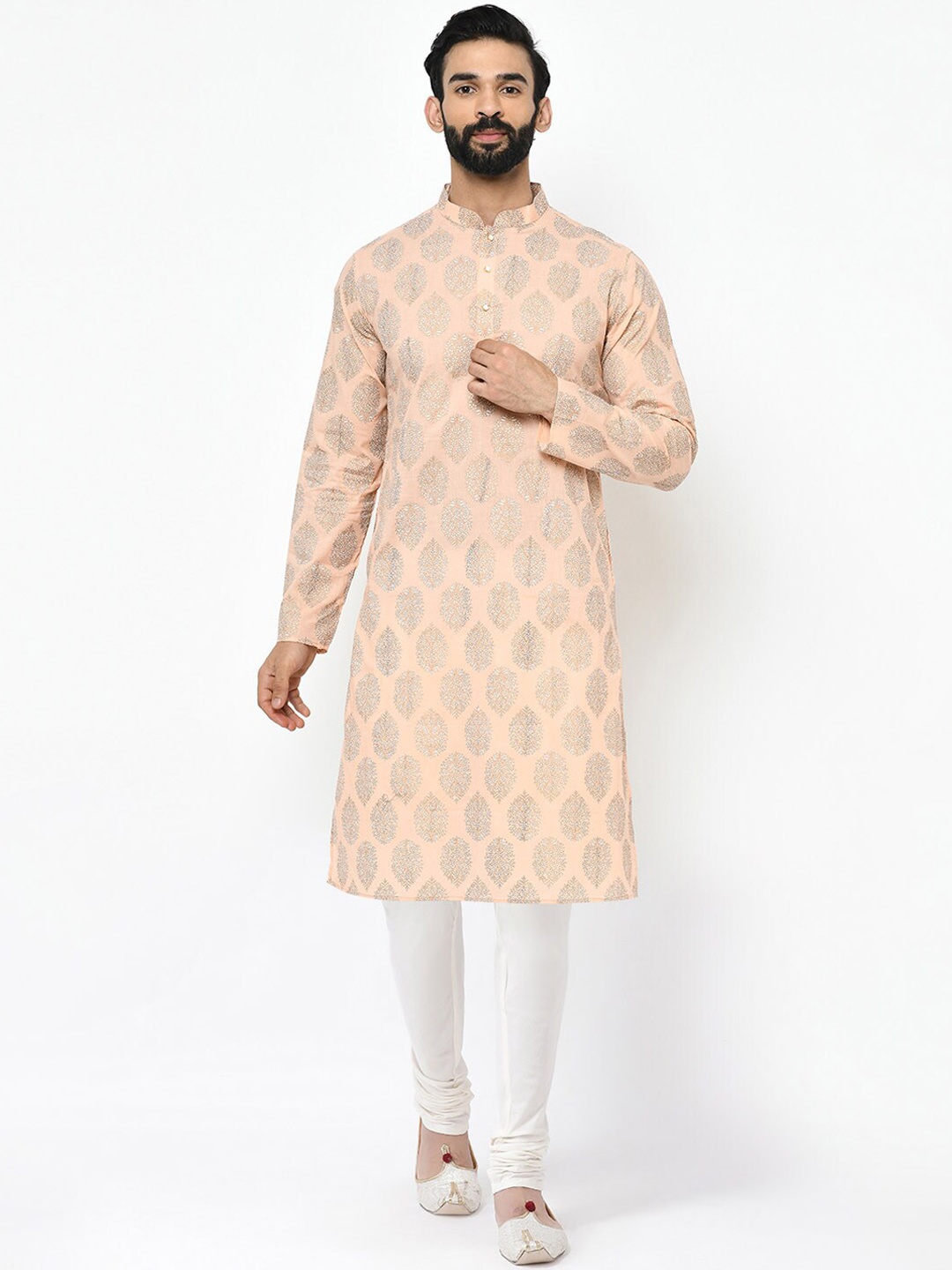 

KISAH Ethnic Motifs Printed Mandarin Collar Kurta with Churidar, Peach