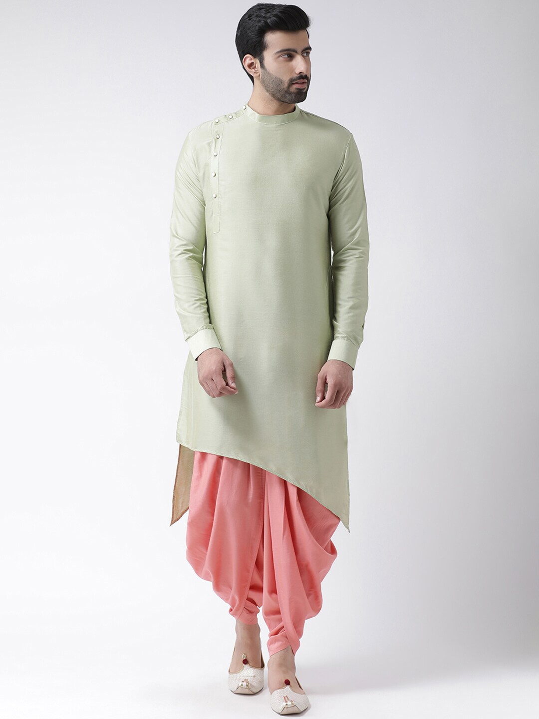 

KISAH Men Regular Fit Solid Asymmetric Kurta Dhoti Set, Green