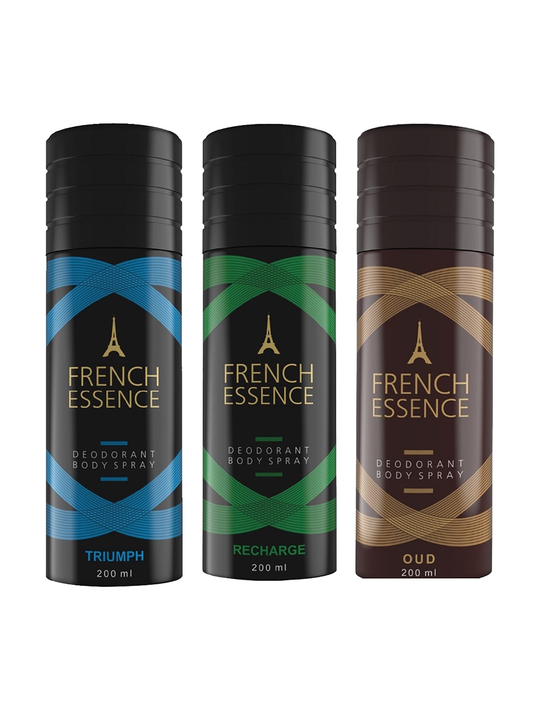 

FRENCH ESSENCE Set Of 3 Deodorants 200 ml Each - Triump - Recharge & Oud, Black