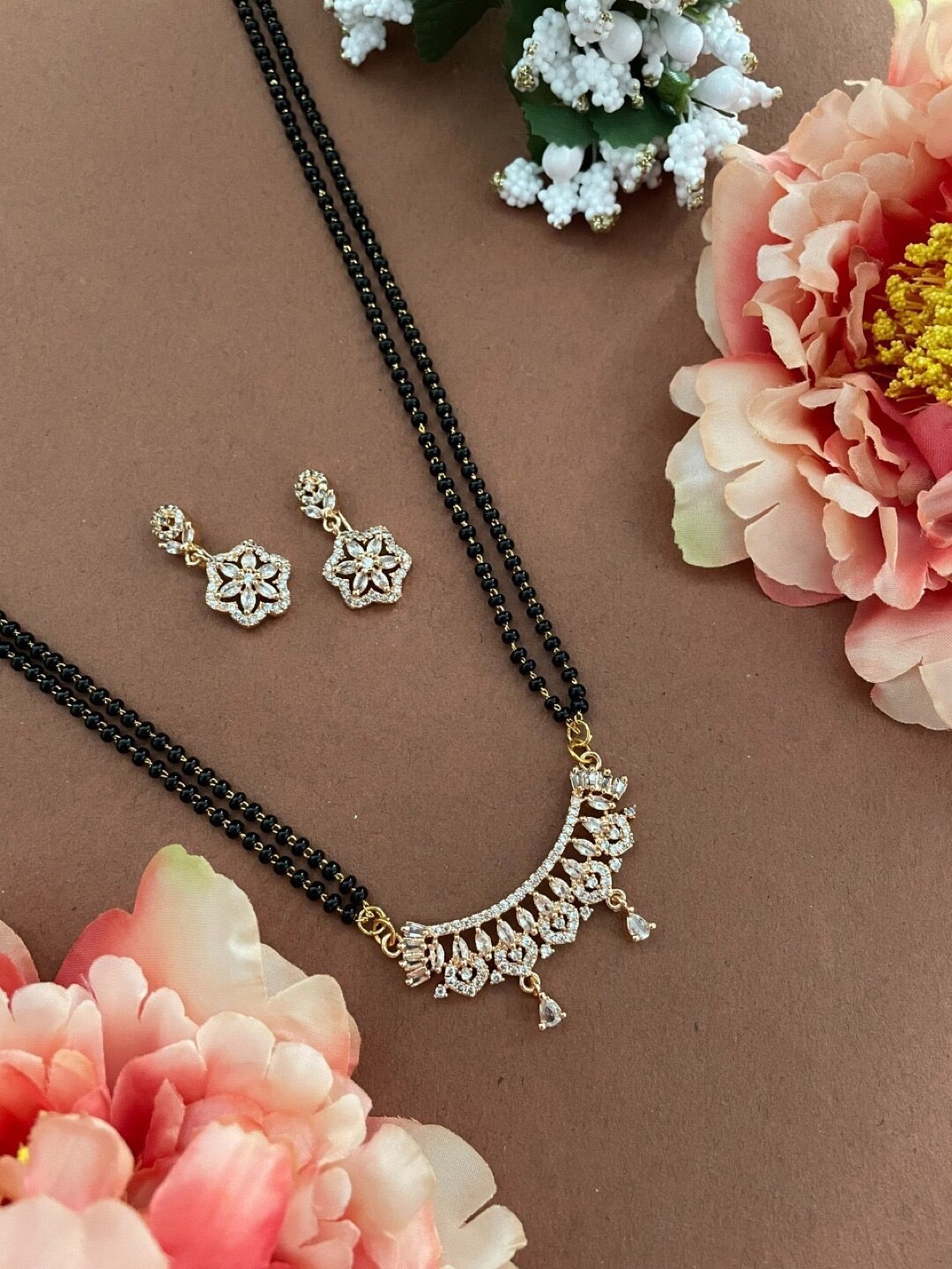 

Digital Dress Room Rose Gold Plated American Diamond Long Mangalsutra Set, Black