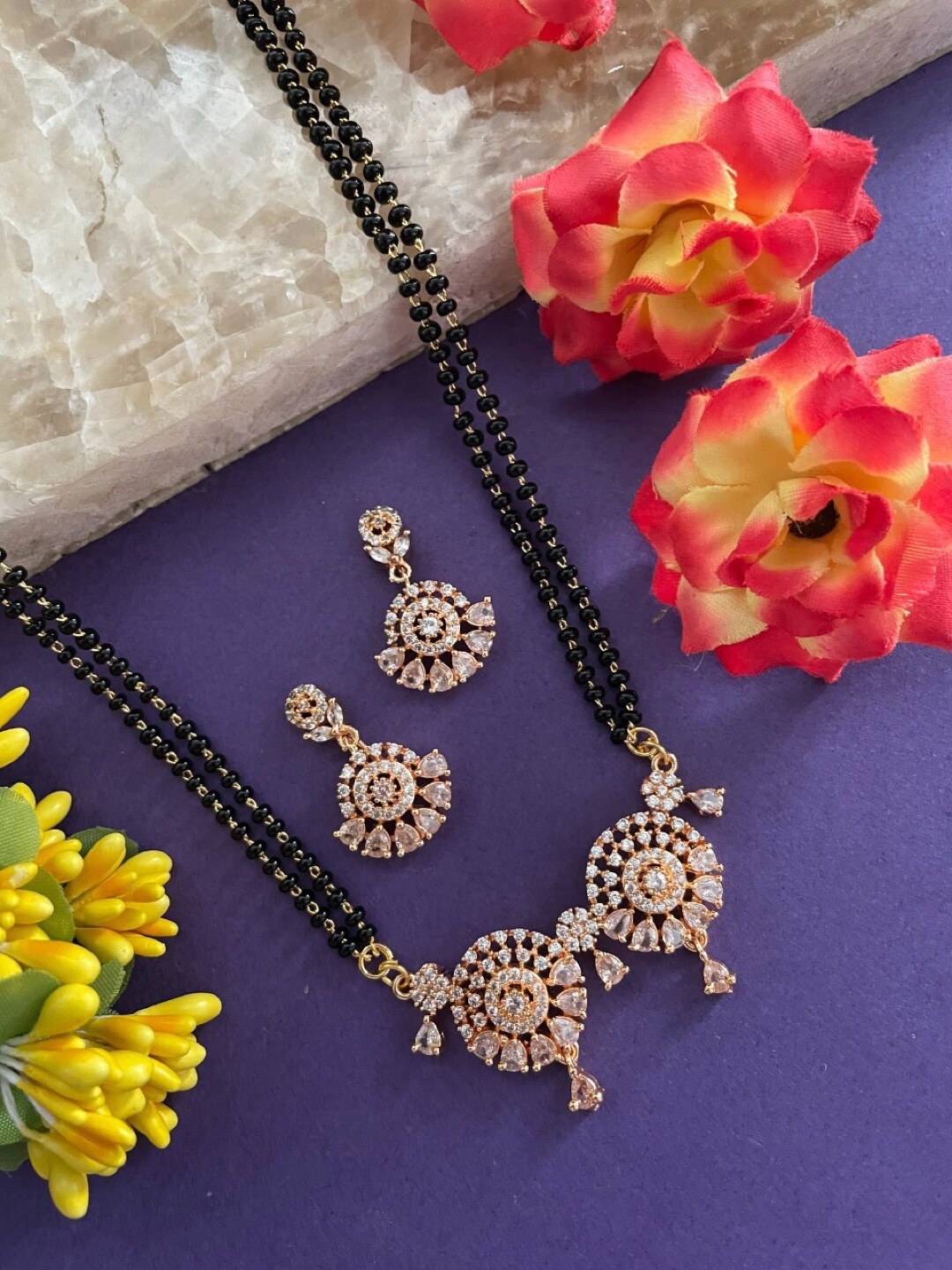 

Digital Dress Room Rose Gold Plated AD Studded Flower Vati Style Pendant Mangalsutra, Black
