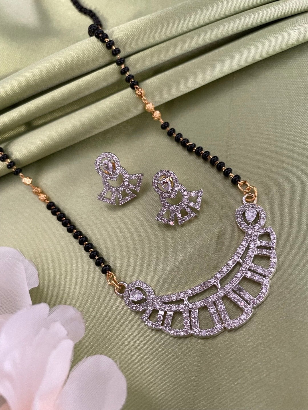 

Digital Dress Room Gold Plated AD Studded Mangalsutra With Earrings, Black