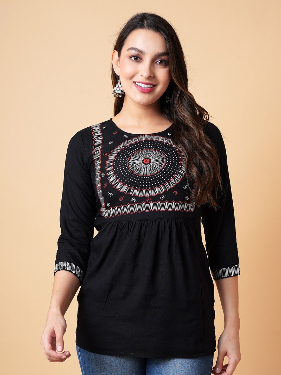

DAEVISH Ethnic Motifs Printed Empire Top, Black