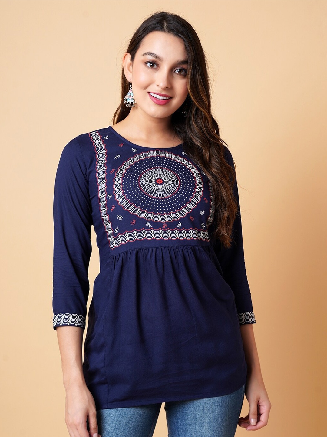 

DAEVISH Ethnic Motif Printed Round Neck Tunic, Blue