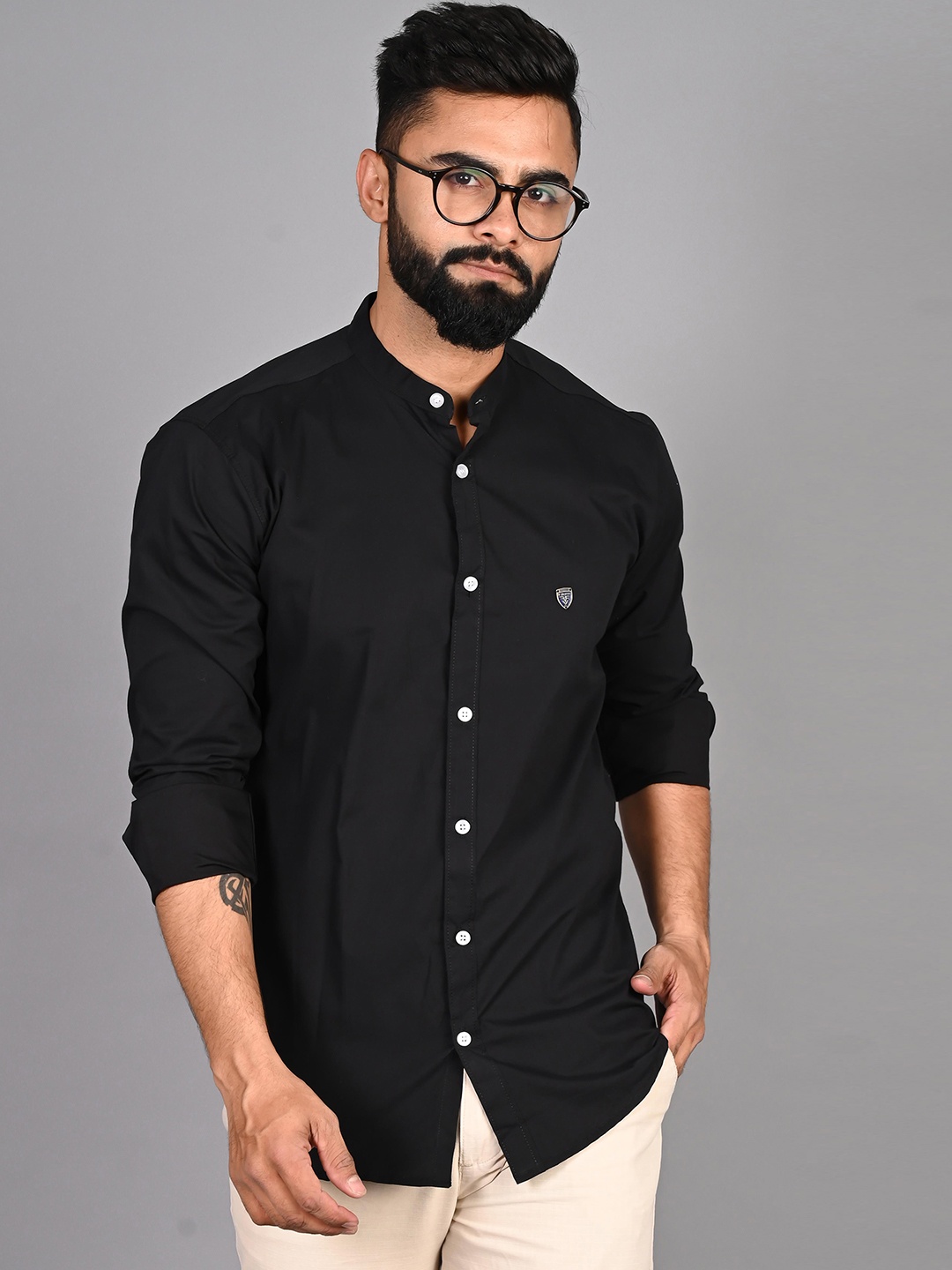 

FUBAR Modern Mandarin Collar Cotton Casual Shirt, Black