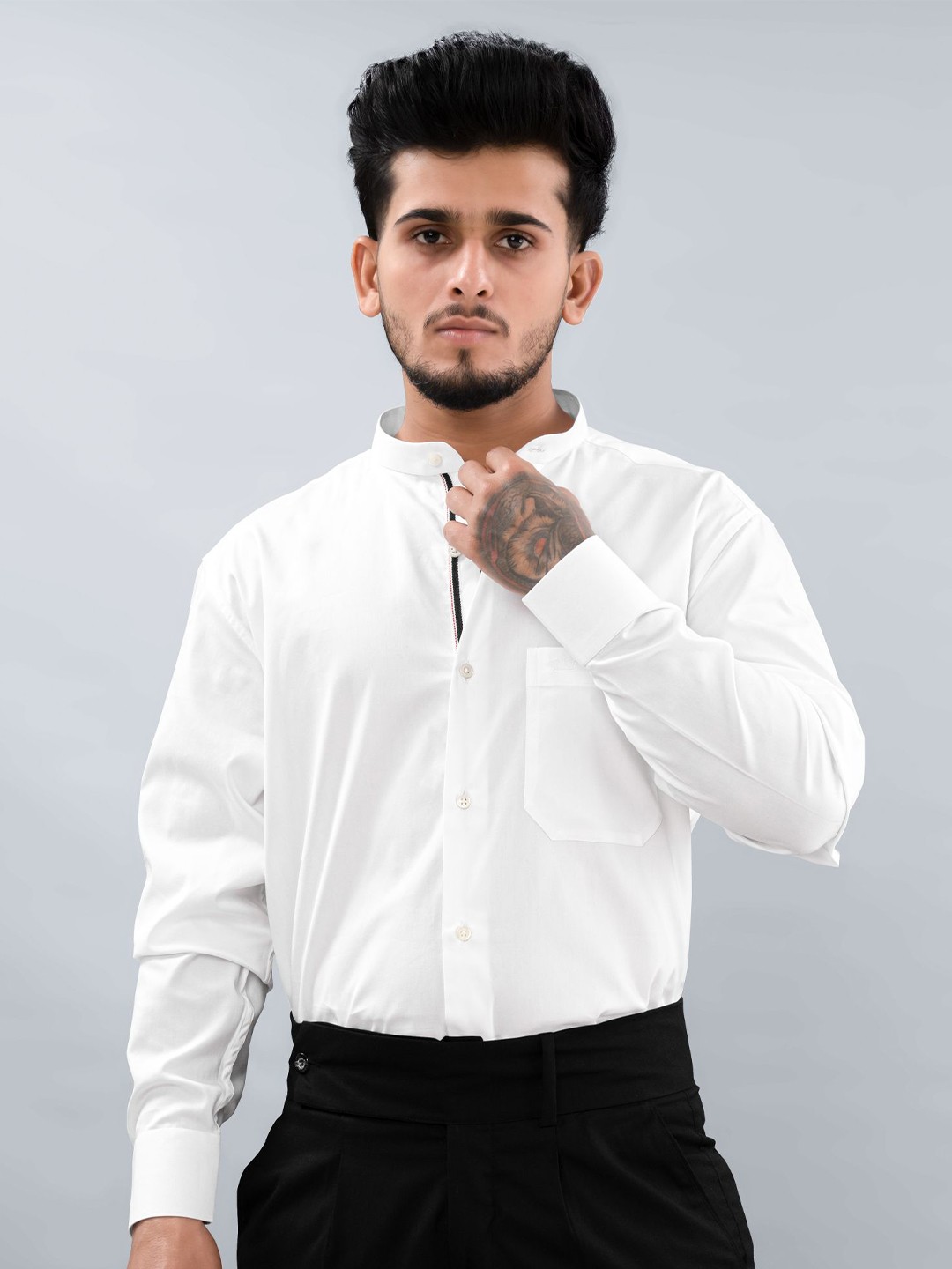 

FRENCH CROWN Mandarin Collar Standard Cotton Casual Shirt, White