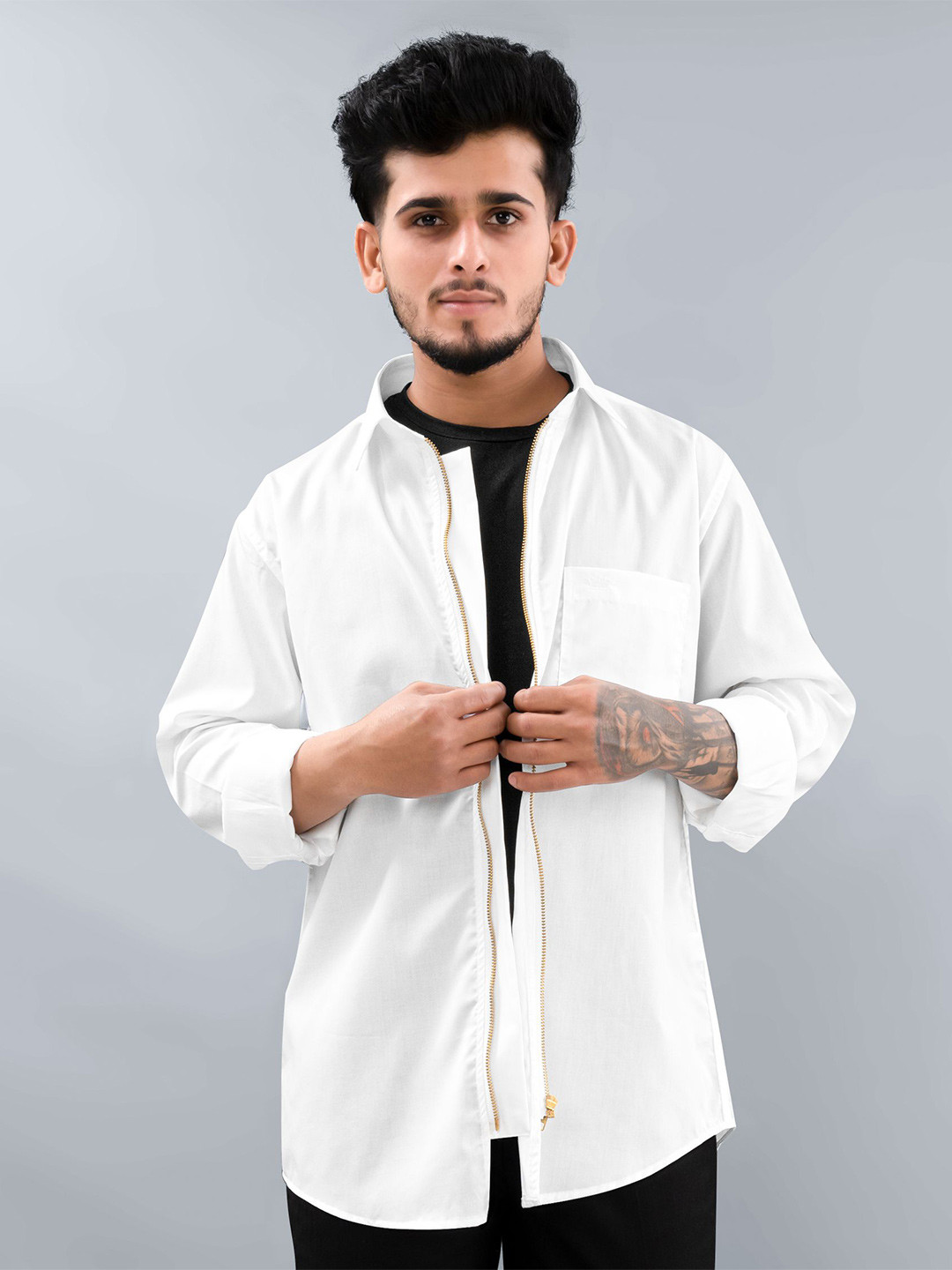 

FRENCH CROWN Spread Collar Cotton Casual Shirt, White