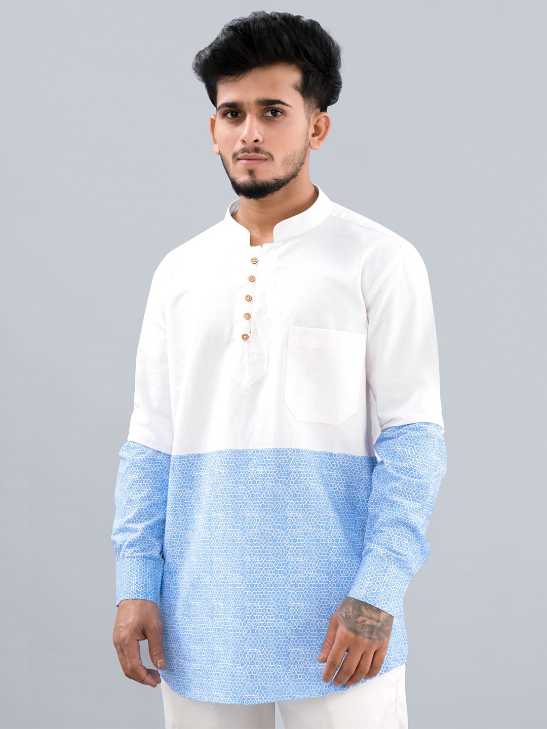 

FRENCH CROWN Standard Colourblocked Cotton Casual Shirt, White