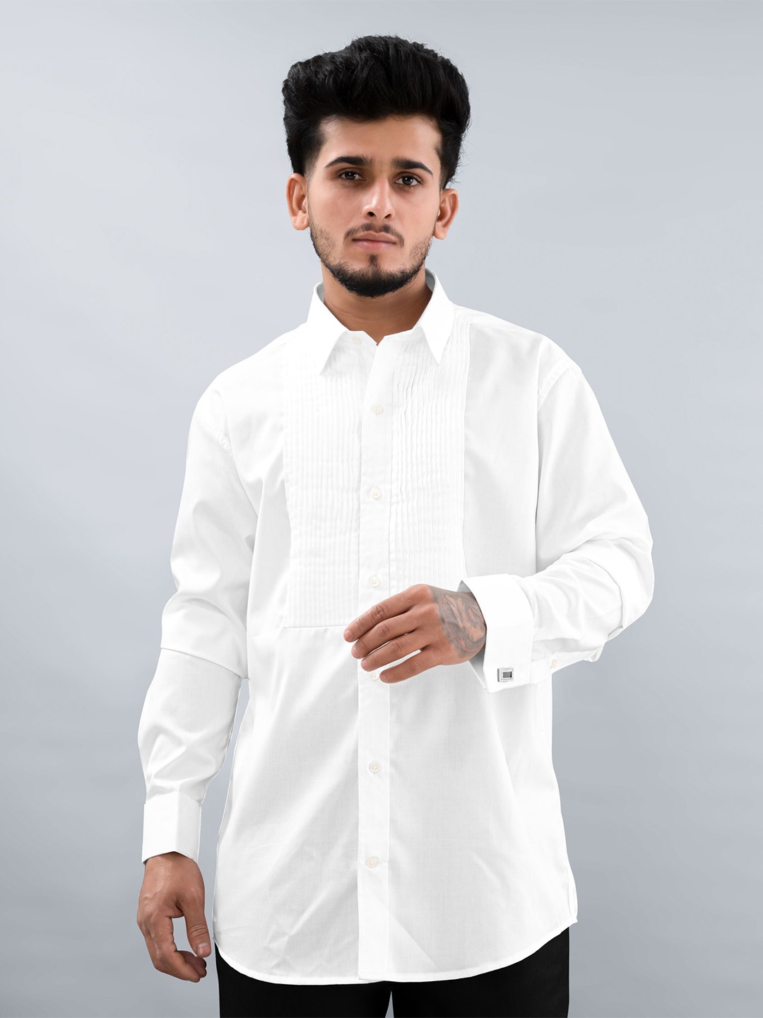 

FRENCH CROWN Standard Pin Tucks Cotton Casual Shirt, White