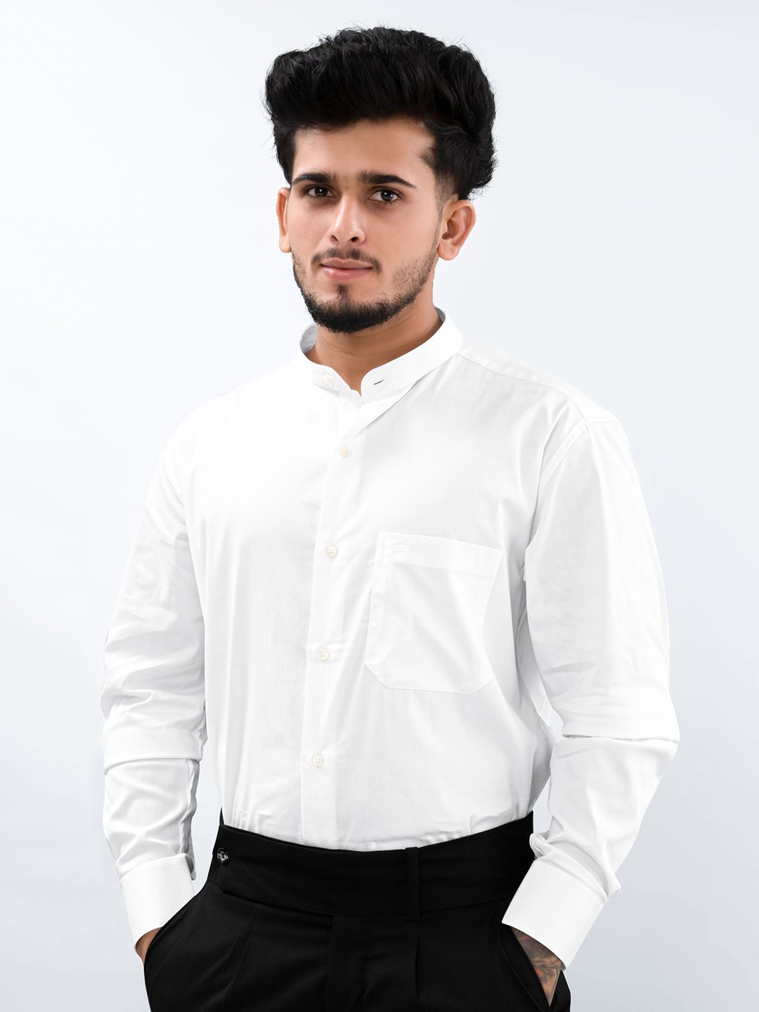 

FRENCH CROWN Mandarin Collar Cotton Formal Shirt, White