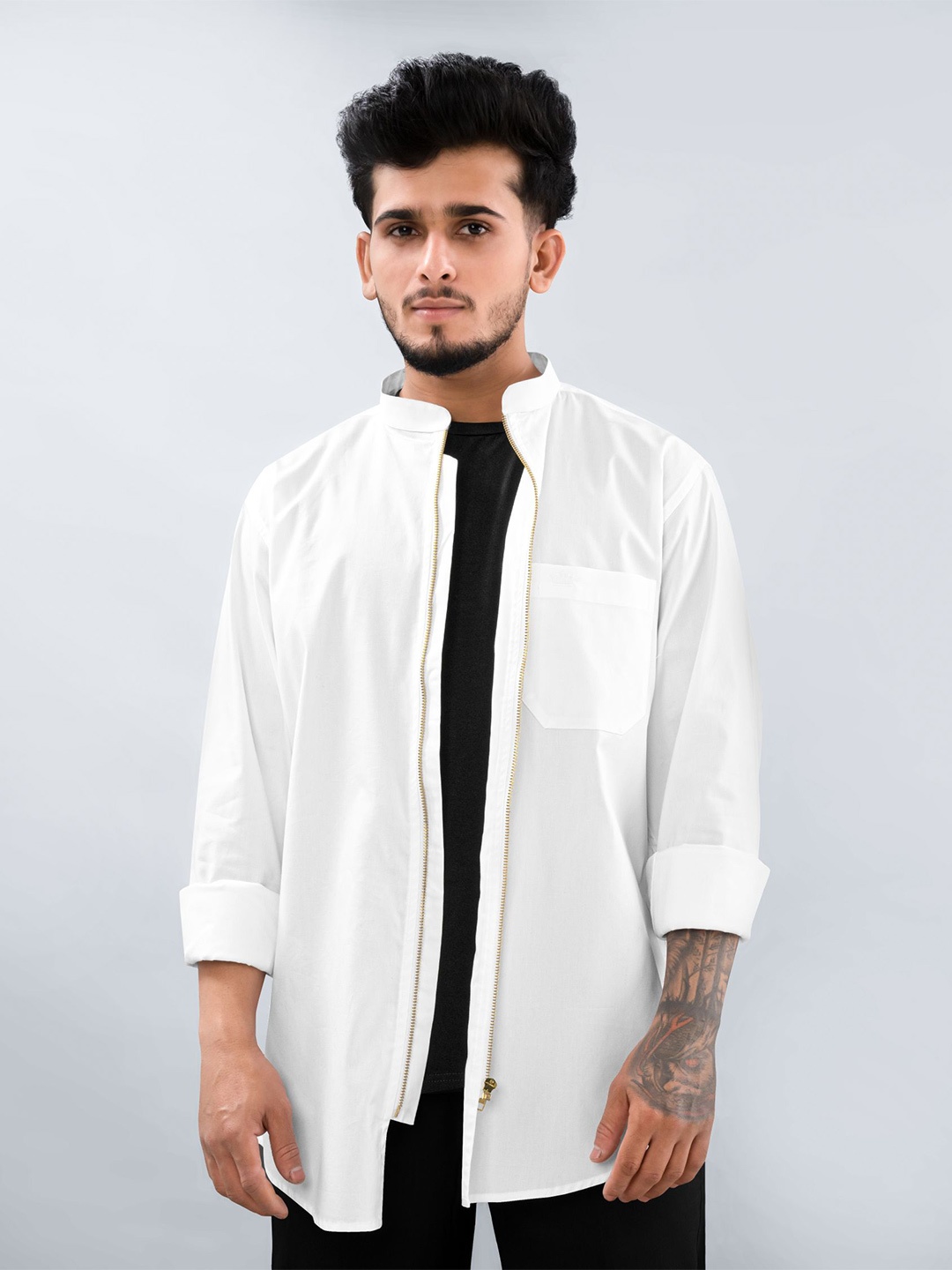 

FRENCH CROWN Standard Mandarin Collar Cotton Casual Shirt, White