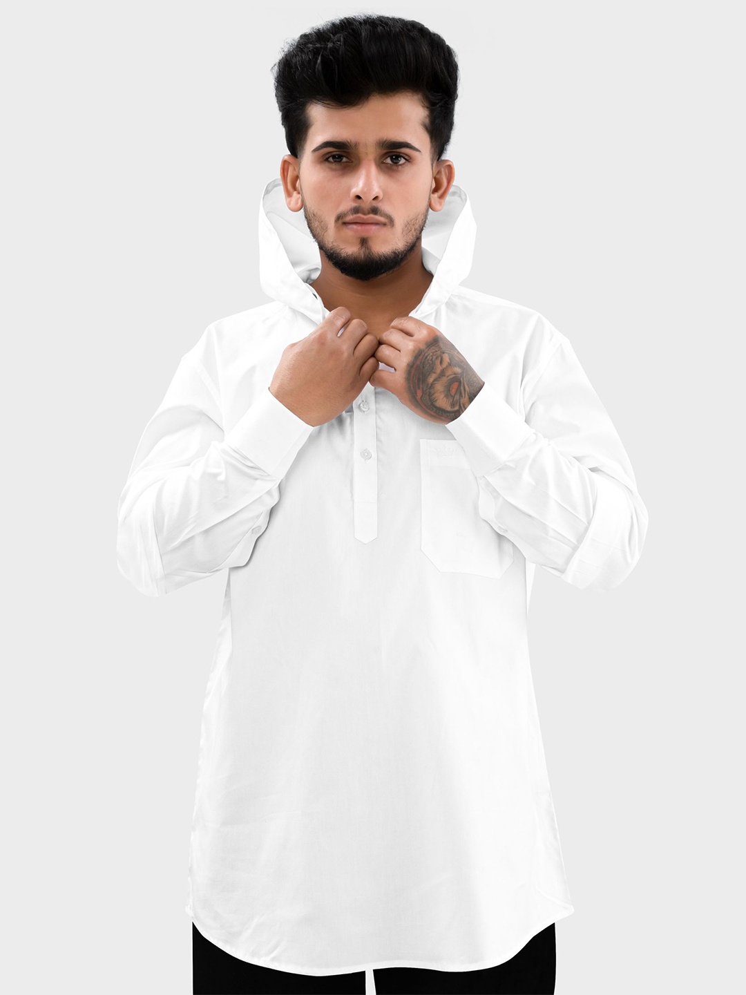 

FRENCH CROWN Hooded Long Sleeves Standard Cotton Casual Shirt, White