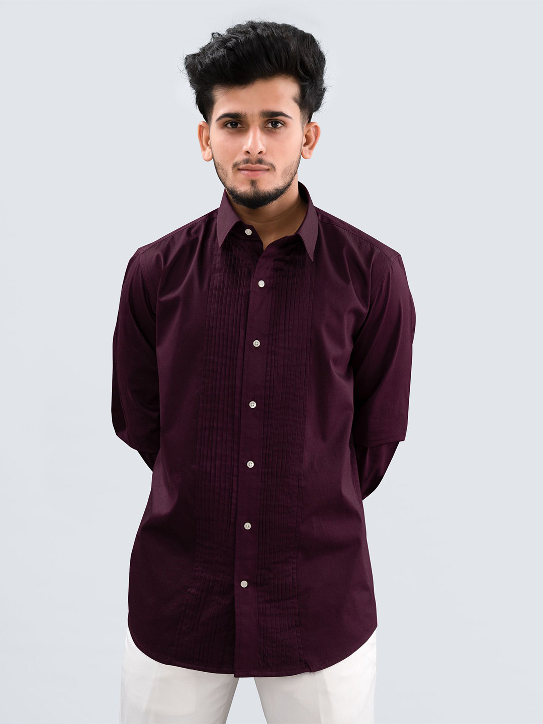 

FRENCH CROWN Standard Pin Tuck Regular Fit Cotton Casual Shirt, Maroon