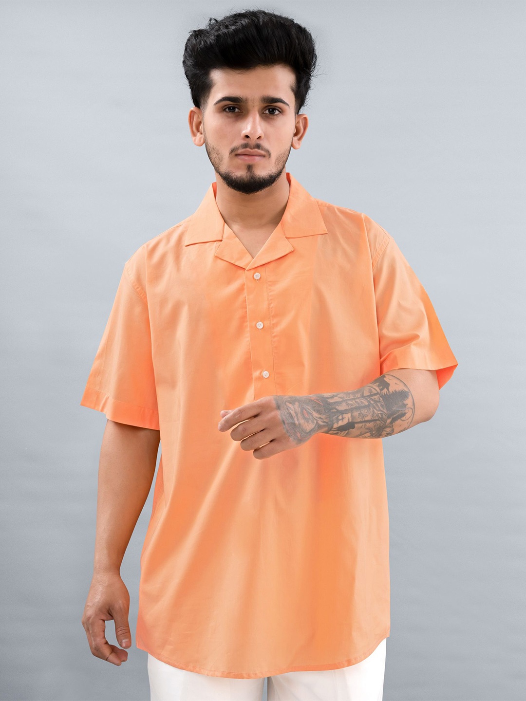 

FRENCH CROWN Cuban Collar Half Placket Standard Cotton Casual Shirt, Orange