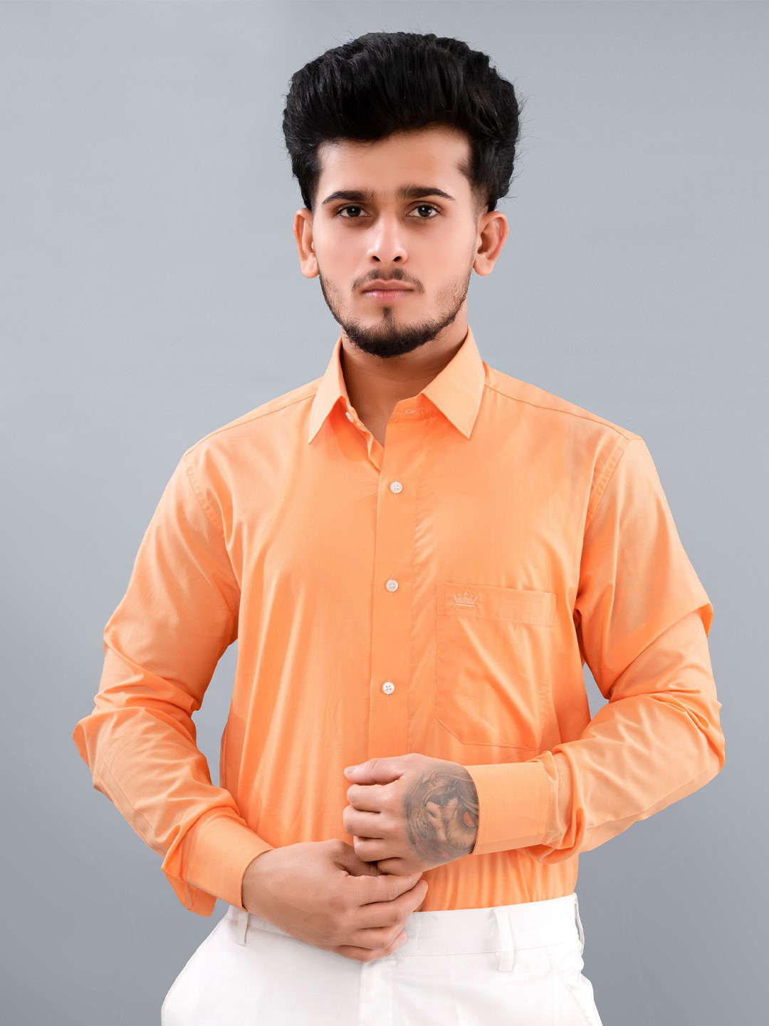 

FRENCH CROWN Spread Collar Cotton Formal Shirt, Orange