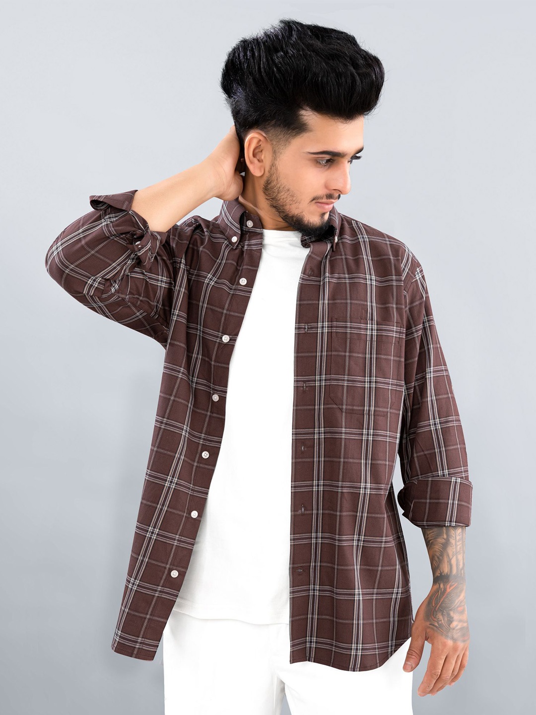 

FRENCH CROWN Tartan Checked Standard Casual Shirt, Brown