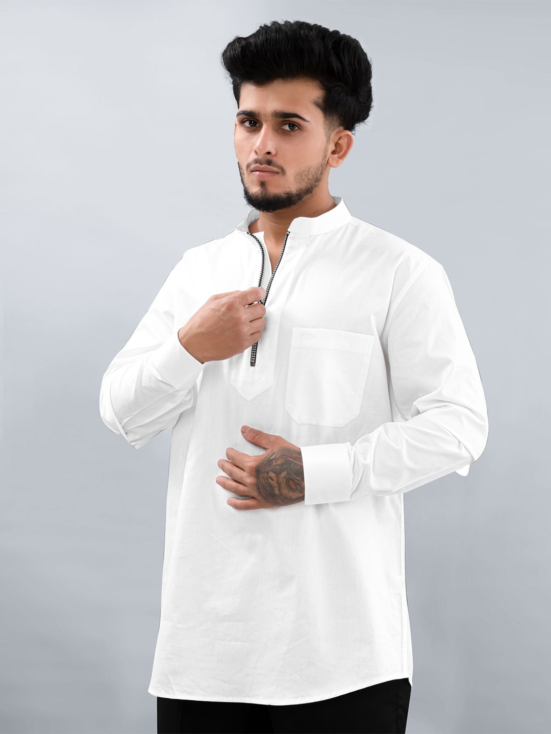 

FRENCH CROWN Mandarin Collar Half Zipper Placket Standard Cotton Casual Shirt, White