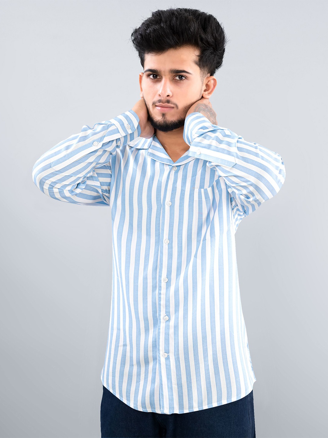 

FRENCH CROWN Vertical Striped Standard Casual Cotton Shirt, Blue
