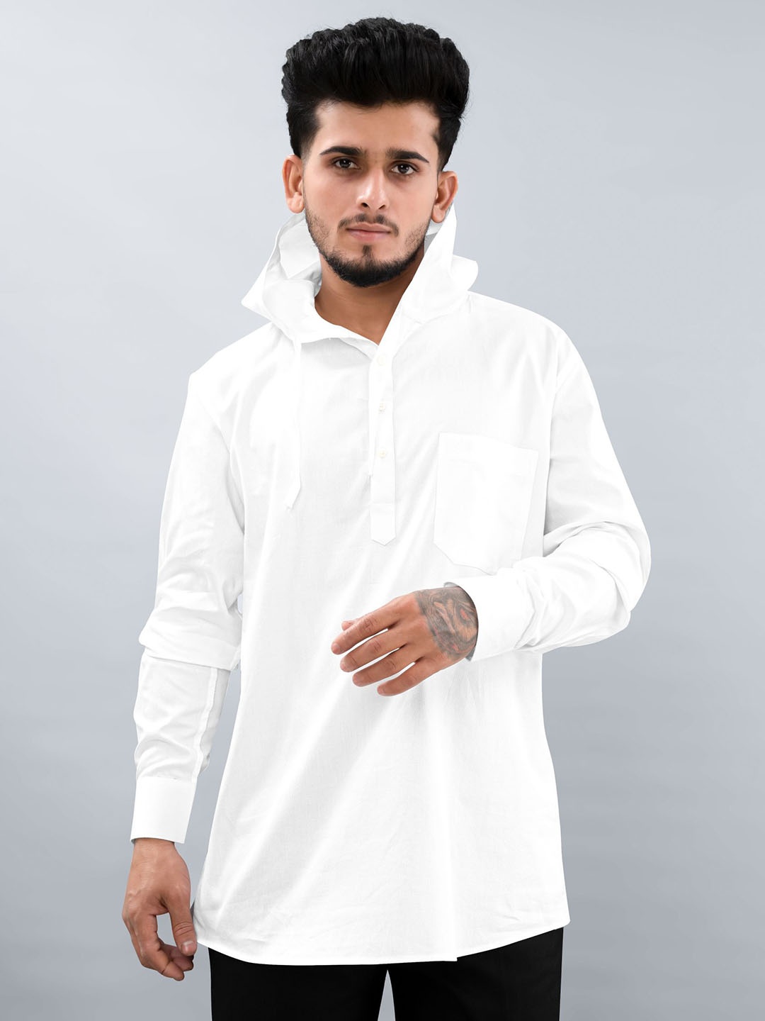 

FRENCH CROWN Hooded Standard Cotton Casual Shirt, White