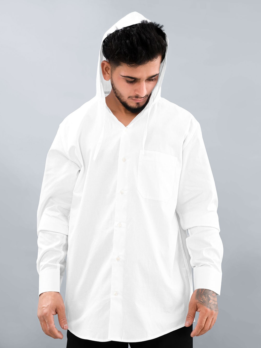 

FRENCH CROWN Standard Hooded Cotton Casual Shirt, White