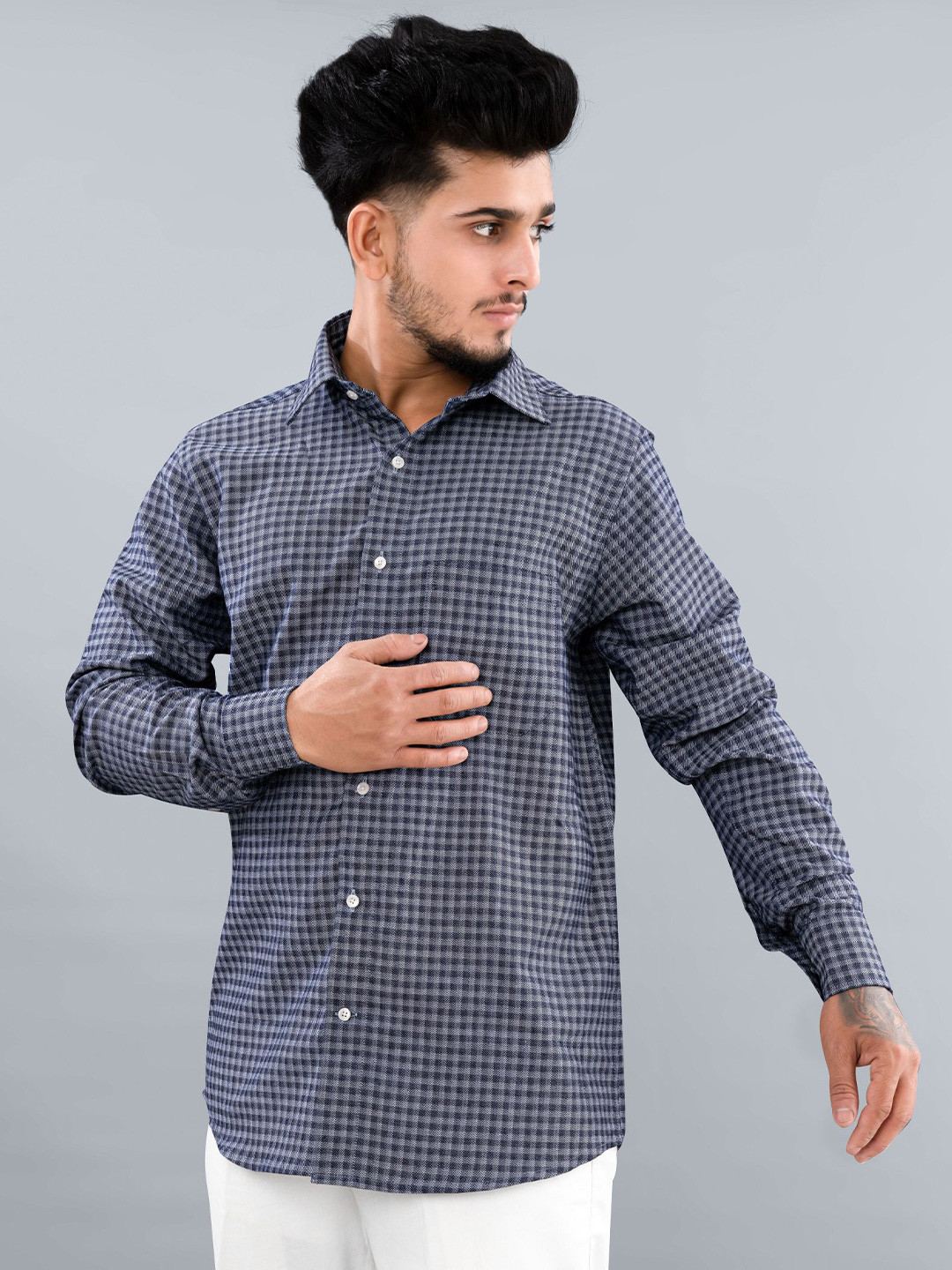 

FRENCH CROWN Gingham Checked Spread Collar Standard Cotton Casual Shirt, Navy blue