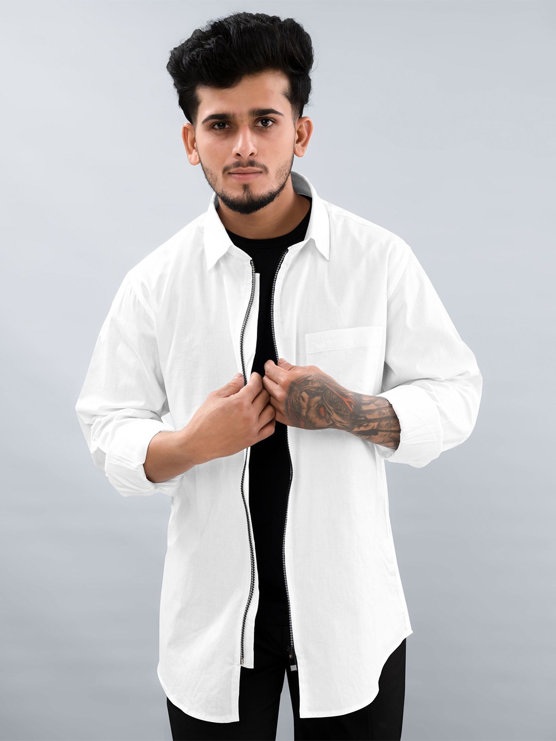 

FRENCH CROWN Spread Collar Cotton Casual Shirt, White