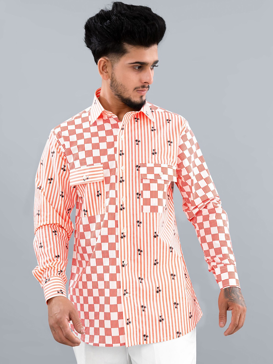 

FRENCH CROWN Spread Collar Checks Cotton Casual Shirt, Orange