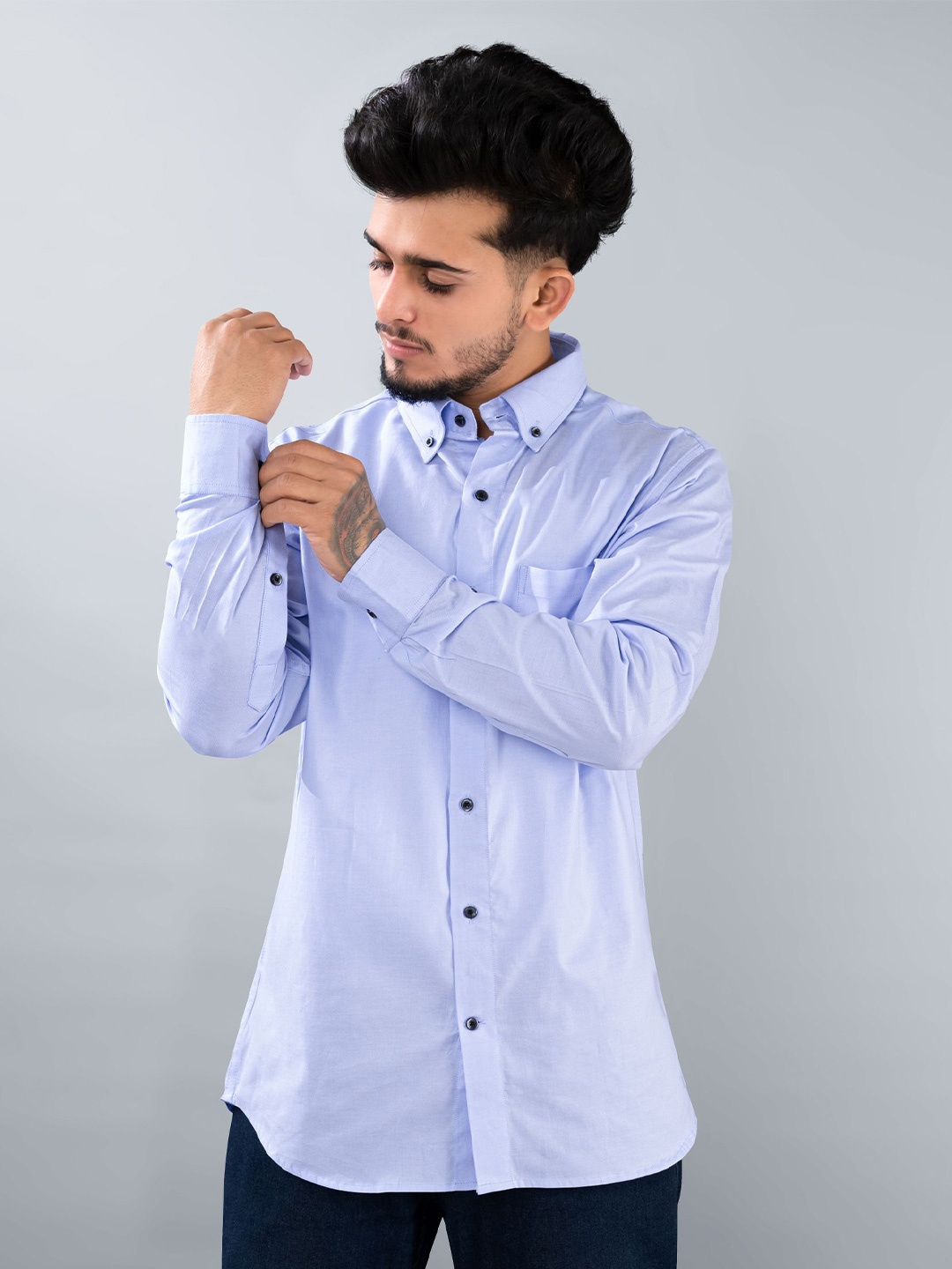 

FRENCH CROWN Standard Button-Down Collar Cotton Casual Shirt, Blue
