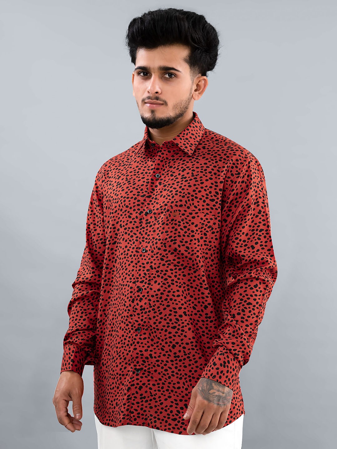 

FRENCH CROWN Animal Printed Spread Collar Standard Cotton Casual Shirt, Red