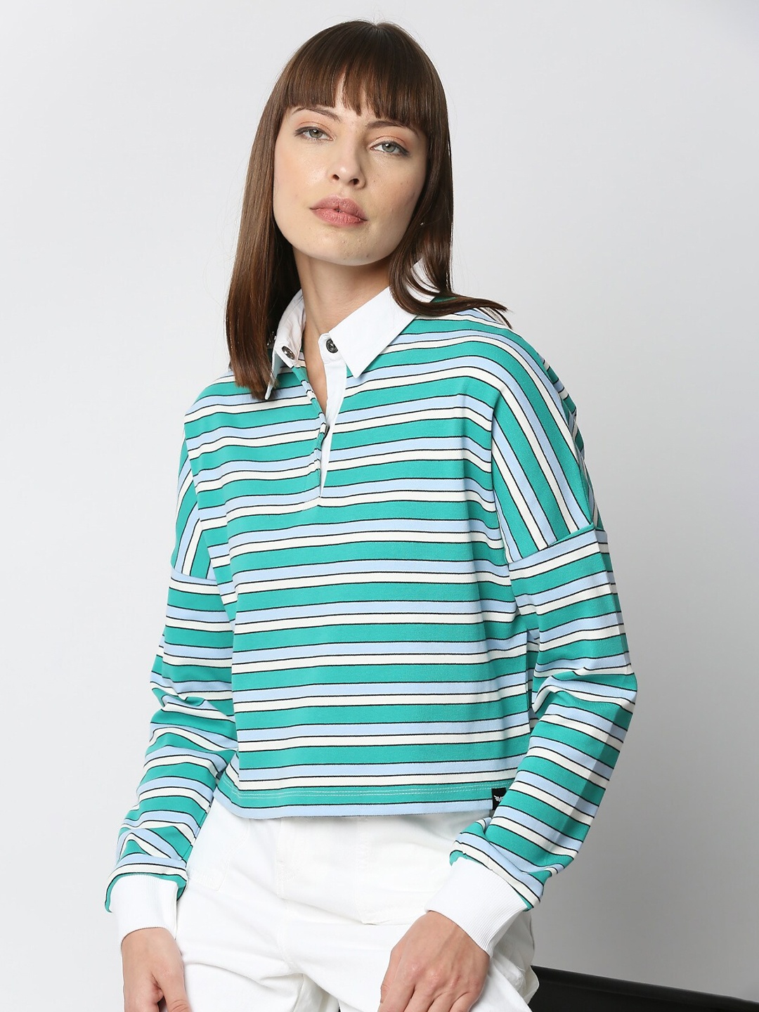 

VALEN CLUB Striped Polo Collar Cotton T-shirt, Blue