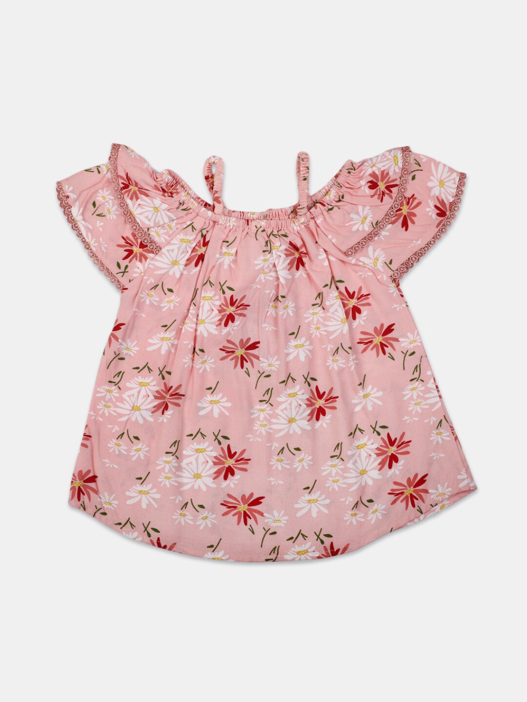 

V-Mart Girls Floral Printed Shoulder Straps Cotton Cambric Top, Peach